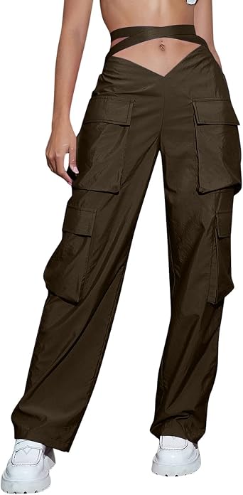 DASHadao Cargo Pants Women High Waisted Baggy Drawstring Y2K Fashion Pants Stretch Lace Up Wide Leg Straight Pants