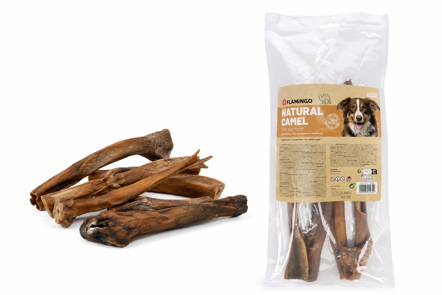Flamingo Leckerli Hund – Natur Kamelhaut – 40cm – 400g – glutenfrei – aus Europa – gesundes Kauprodukt