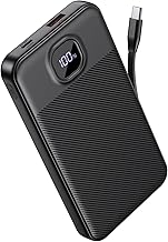 GREPRO Power Bank with Built in Cable, 22.5W Portable Charger with LCD Display, 10000mAh Small PowerBank with Type-C Input Ports and 2 USB-C + USB-A Output Ports for Smartphones and Tablets