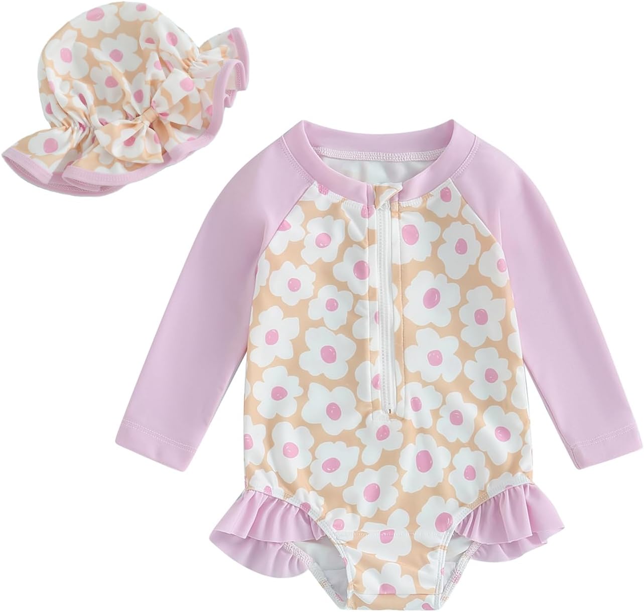 MERSARIPHYBaby Girl One-Piece Swimsuit Rash Guard Toddler Infant Zipper Long Sleeve Swimwear+Hat Bathing Suit Swimwear