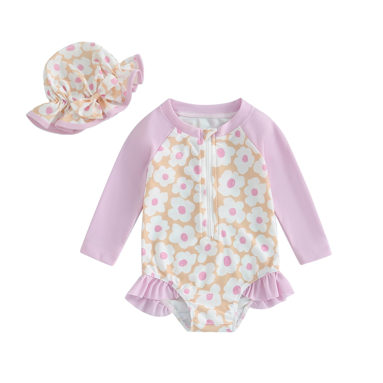 MERSARIPHYBaby Girl One-Piece Swimsuit Rash Guard Toddler Infant Zipper Long Sleeve Swimwear+Hat Bathing Suit Swimwear