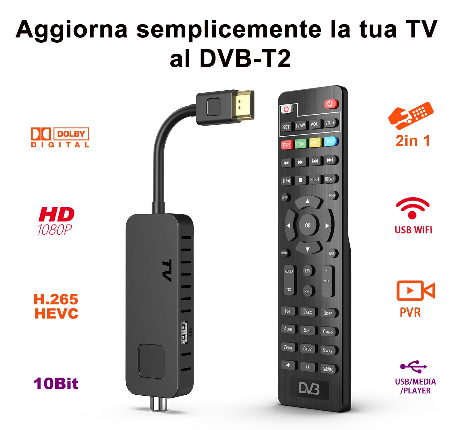 Dcolor Decoder Digitale Terrestre 2026 - Decoder DVB-T2 HDMI TV Stick, Dolby Audio HD 1080P H265 HEVC Main 10 Bit, Supporto USB WiFi/PVR