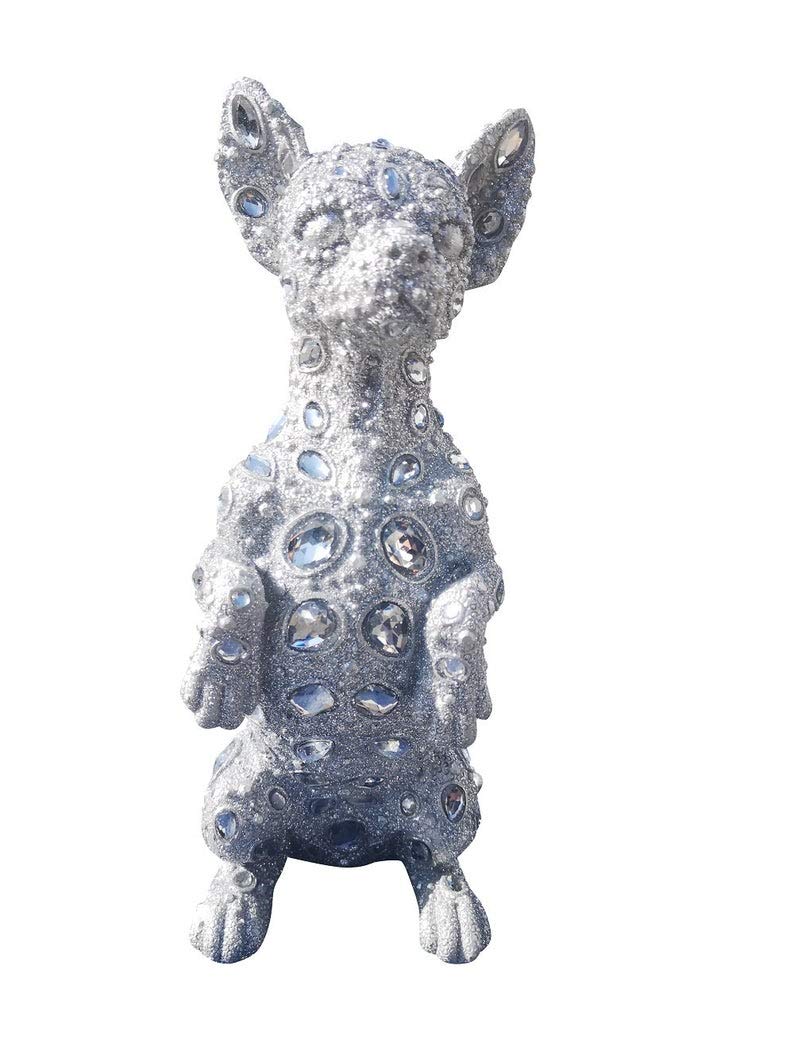 Laure TERRIER Chihuahua Dog Statue, in Silver Resin with Rhinestones, Height 11,8 inches, for Collection or Decoration