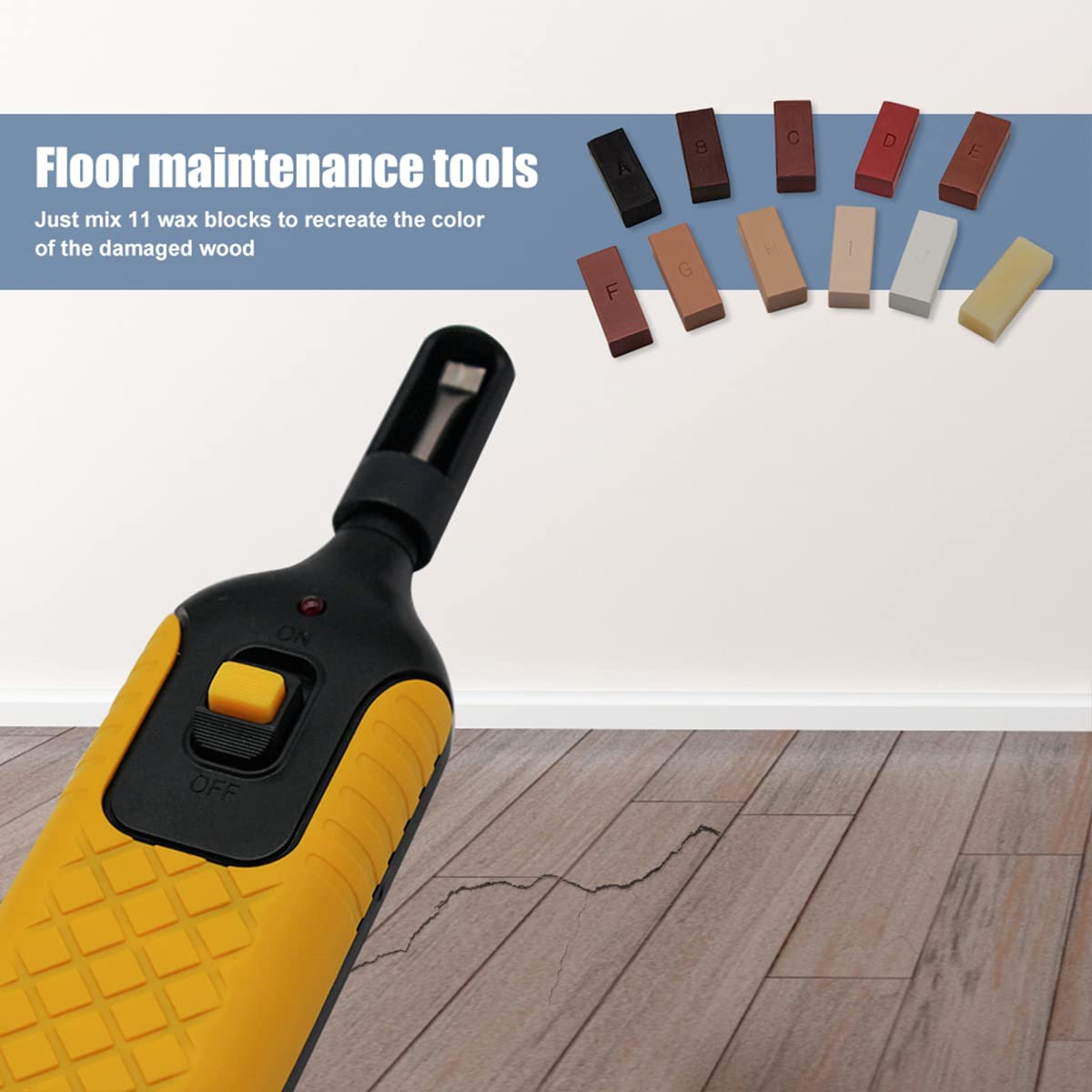 Kit de reparación de suelo laminado, herramientas de reparación de instalación de suelo con 11 bloques de madera de cera para reparar laminados, suelos, gabinetes de cocina, tablas de madera