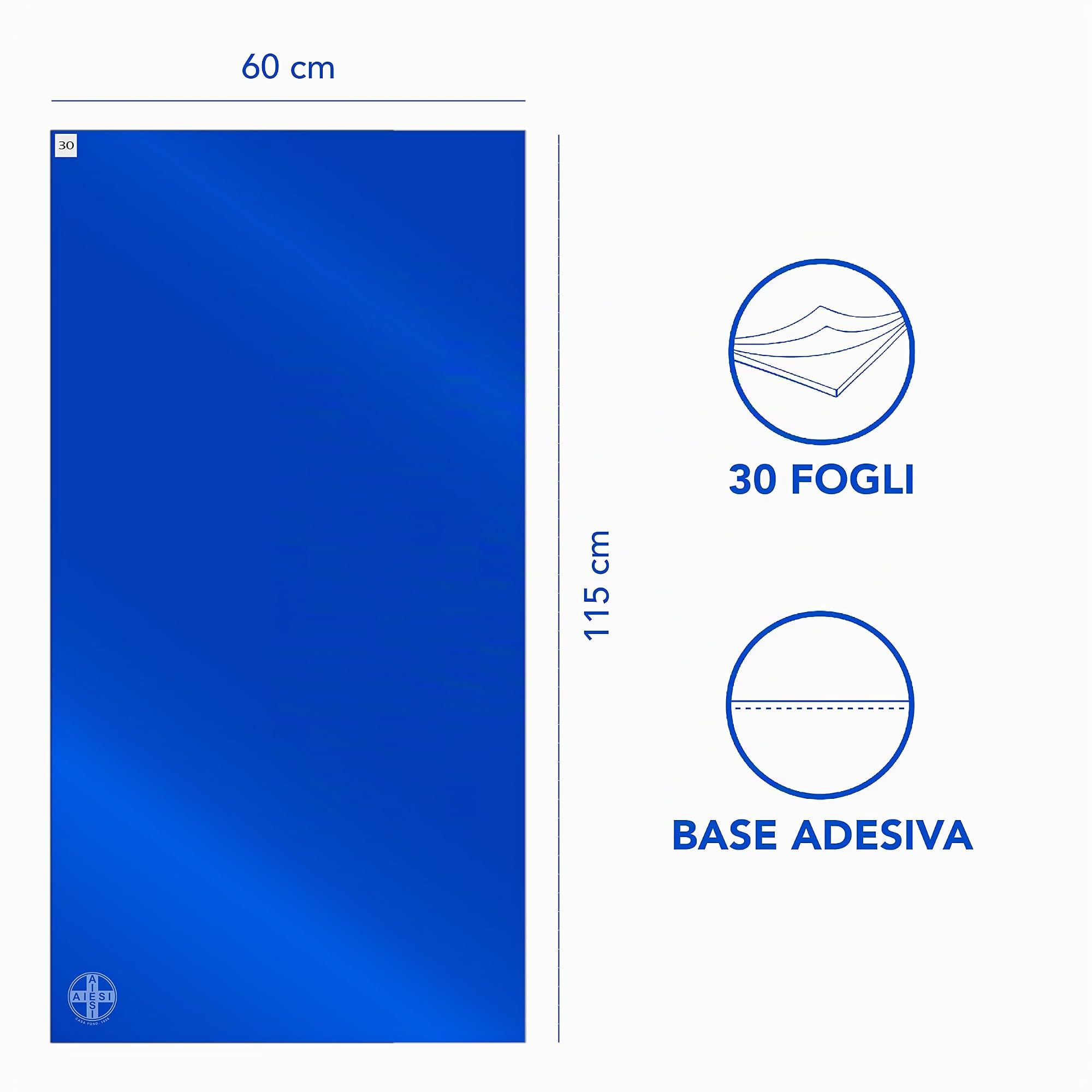 AIESI® Tapis décontaminant Amovible adhésif 30 Feuilles détachables avec Bactericide Bleu Dimensions 60x115 cm (5 Tapis avec 30 Feuilles), Antibactérien, Antipoussière