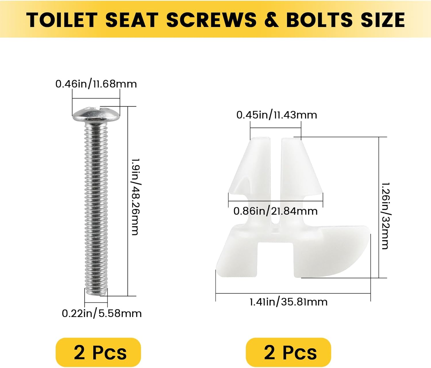 2 Pack 1133024 Toilet Seat Screws & Bolts, Secure Fit Toilet Seat Hardware Kit, Anti-Rust, Non-Slip Design for Toilet Seats
