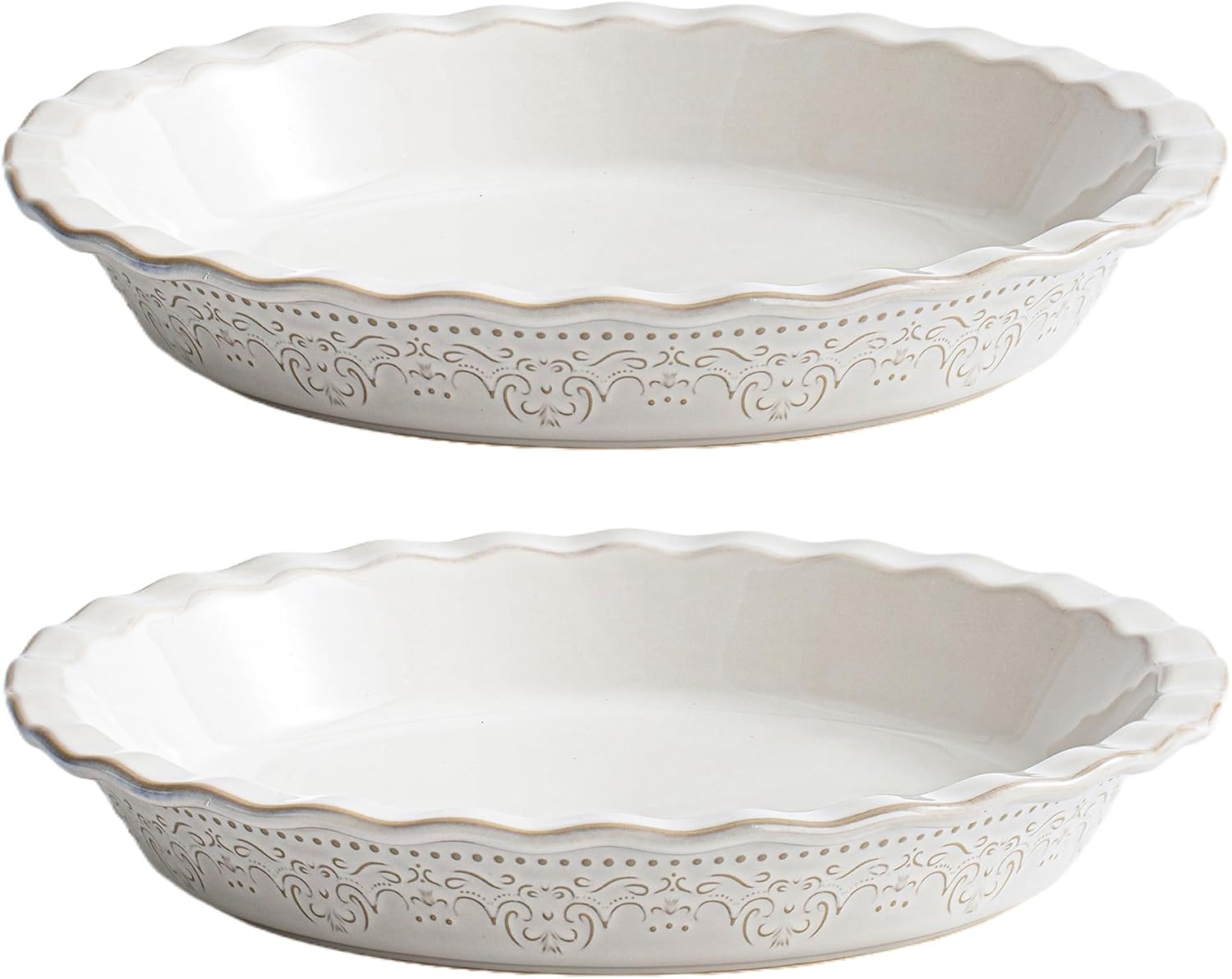 Ceramic Pie Pans Set of 2, 9 Inches Pie Plate for Baking, Oven & Dishwasher Safe, Nonstick Pie Pan for Apple Pie, Farmhouse Quiche Baking Dish, Off-White