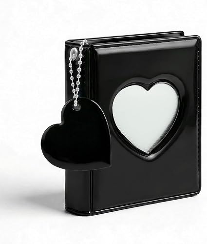 Black Mini Photo Album with Heart Hollow Cover, 3 Inch Photocard Holder, 32 Pockets, Mirror-Like Finish, with Heart Charm