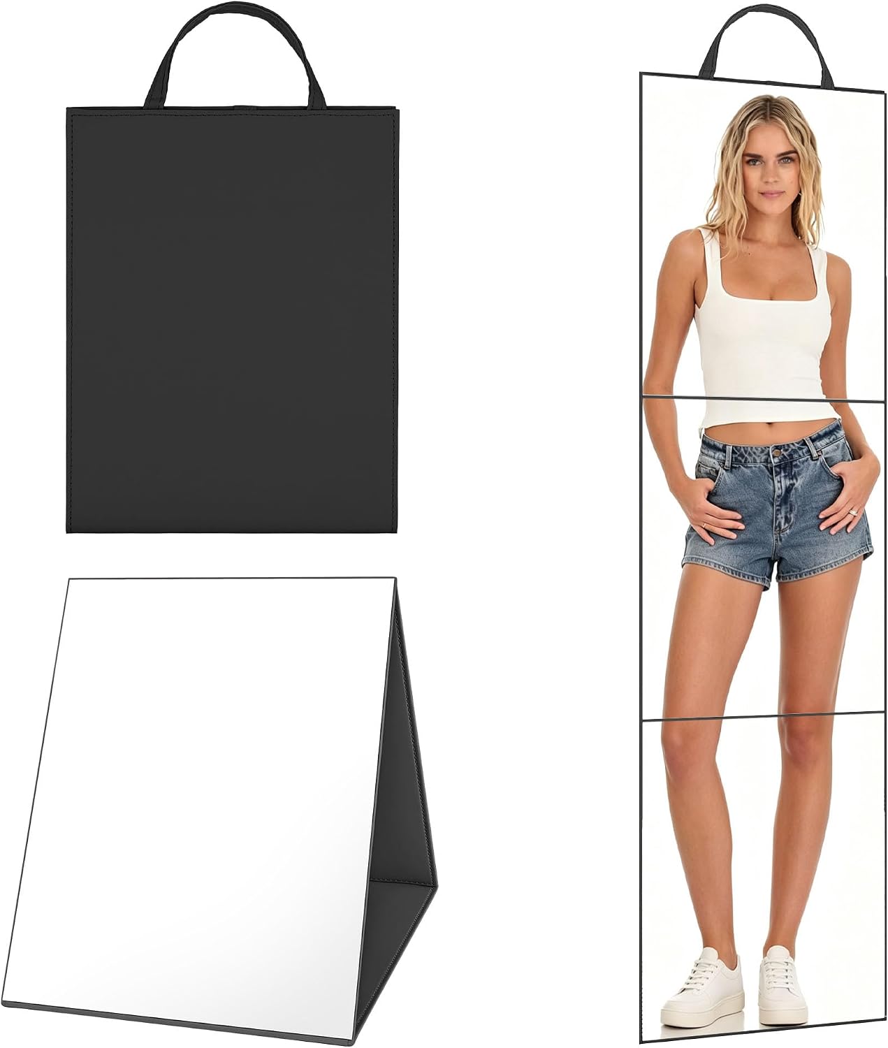 Hanging Portable Foldable Dance Mirror,Acrylic Shatterproof Folding Mirror for Camping,Lightweight Full Length,Dance Competition Must Haves (Black, Tri-fold: 47" L x 13" W)