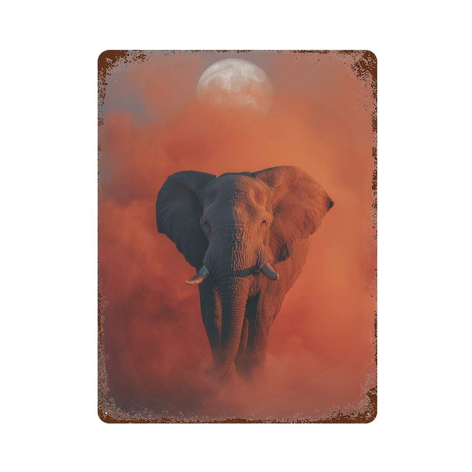 Elephant Under The Moon in Orange Haze Rusty Metal Tin Sign 15.7"x11.8", Classic Wall Plaque for Pub, Kitchen And Man Cave Decor