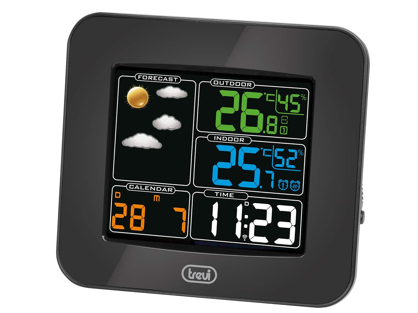 Trevi ME 3165 RC Stazione Meteo con Display a Colori Radiocontrollato e Sensore Esterno Senza Fili, Termometro, Umidità, Due Sveglie, Funzione Snooze