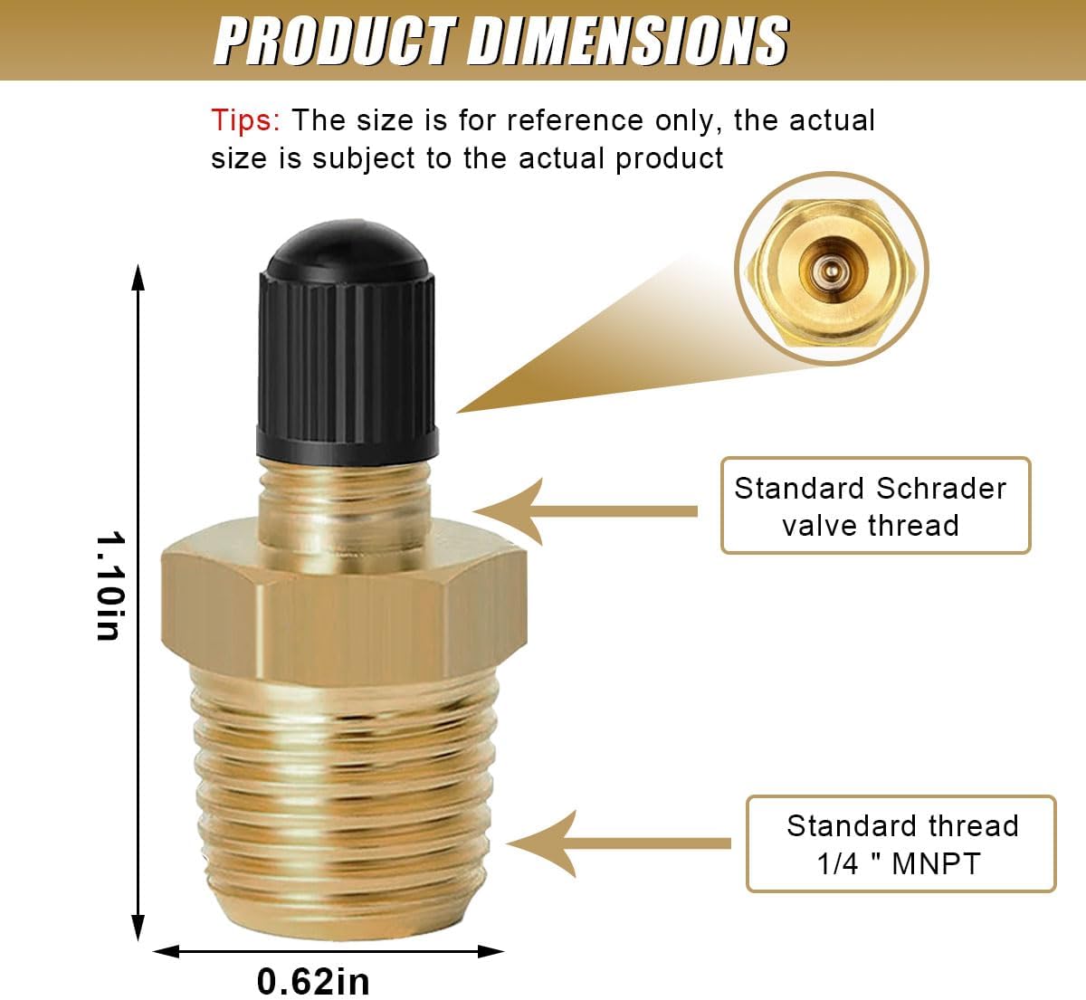 2PCS Brass Air Inflator Adapters, 1/4 NPT (M) to Standard Schrader Valve (M), Tire Inflator Connector with Valve Stem Inside, Fit for Portable Air Hose, Air Compressor, Air Chuck (Valve stem)