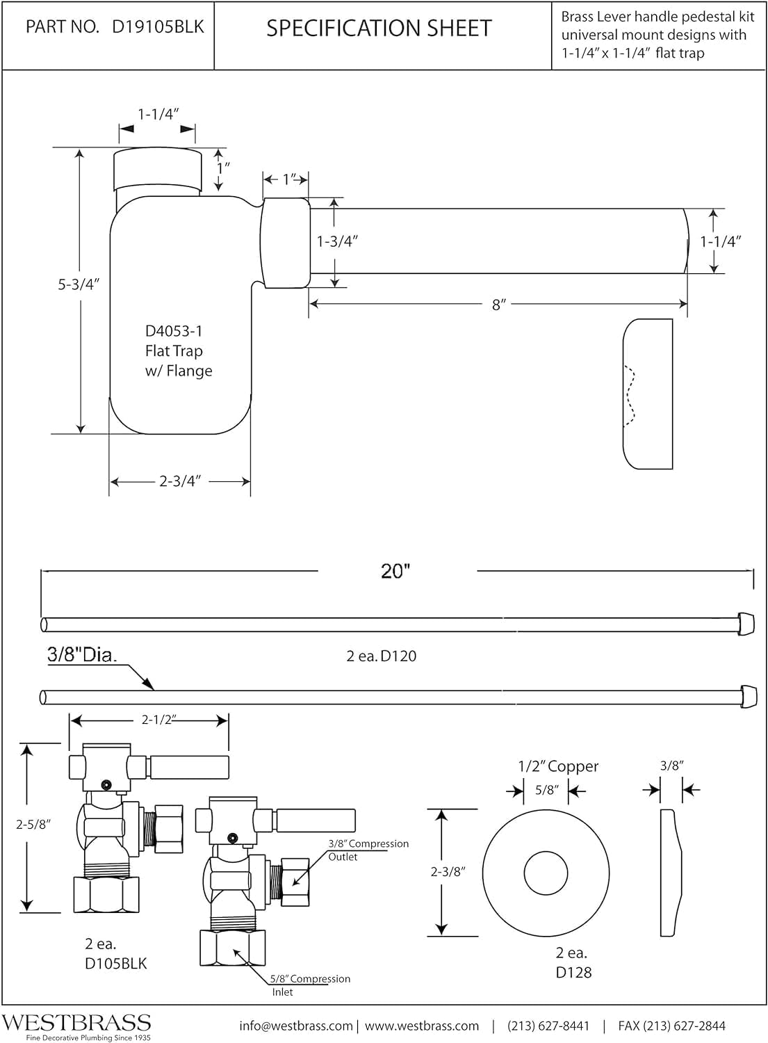 Westbrass D19105BLK-62 1/2" Nominal Compression Lever Handle Angle Stop Complete Pedestal Sink Installation Kit with 1-1/4" Euro Flat Trap, Matte Black