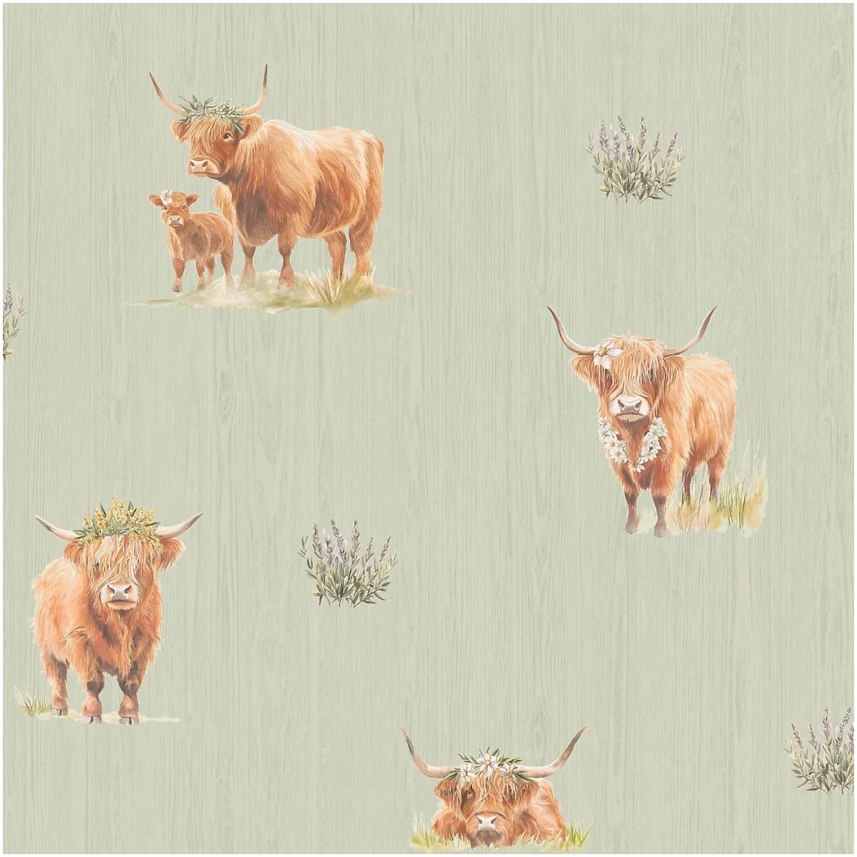 YöL Sage Green Wallpaper Highland Cow Animal Country Farmhouse Cottagecore Design with Subtle Woodgrain Effect Feature Wall for Living Room Bedroom Hallway Smooth Paper Finish