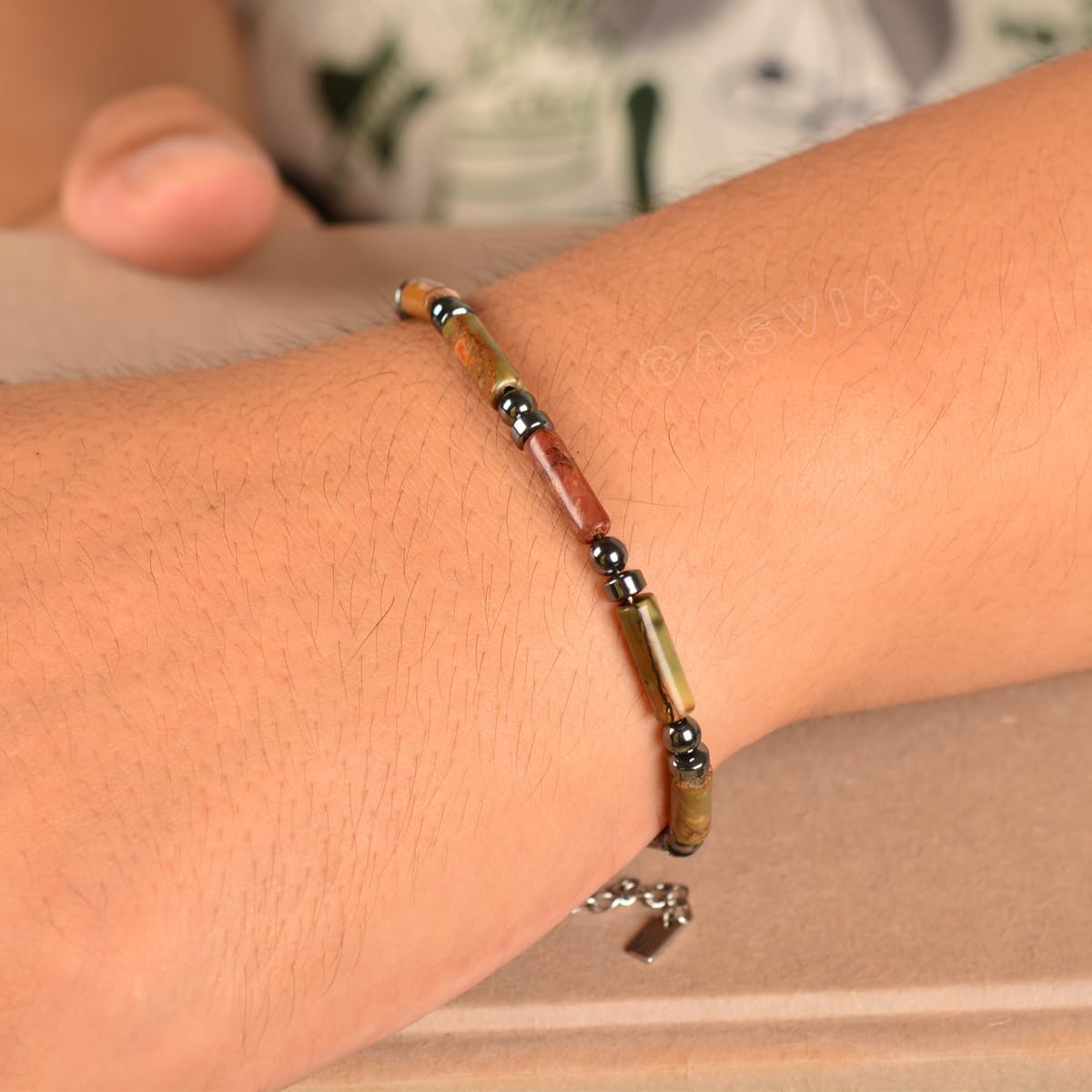 original beaded bracelets for men Mens Picasso jasper bracelet with hematite stainless steel adjustable chain Handmade mens jewelry gemstone healing bracelet Great for yourself or dad