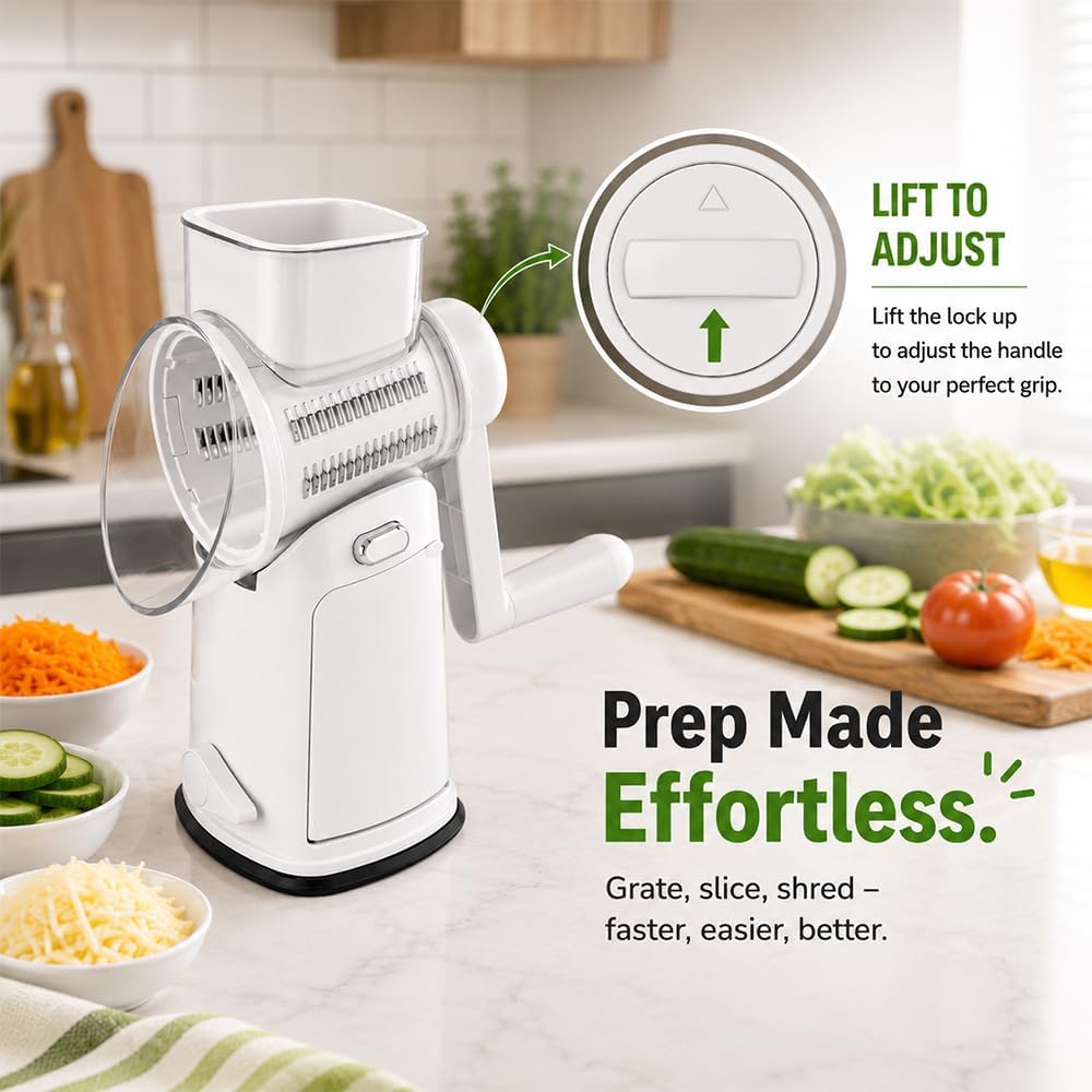 Rotary Cheese Grater Hand Crank, 5 In 1 Shredder with Handle, Vegetable Slicer Mandoline Food Chopper, Strong Suction Base Kitchen Gadget for Cheese Vegetables Nuts – White
