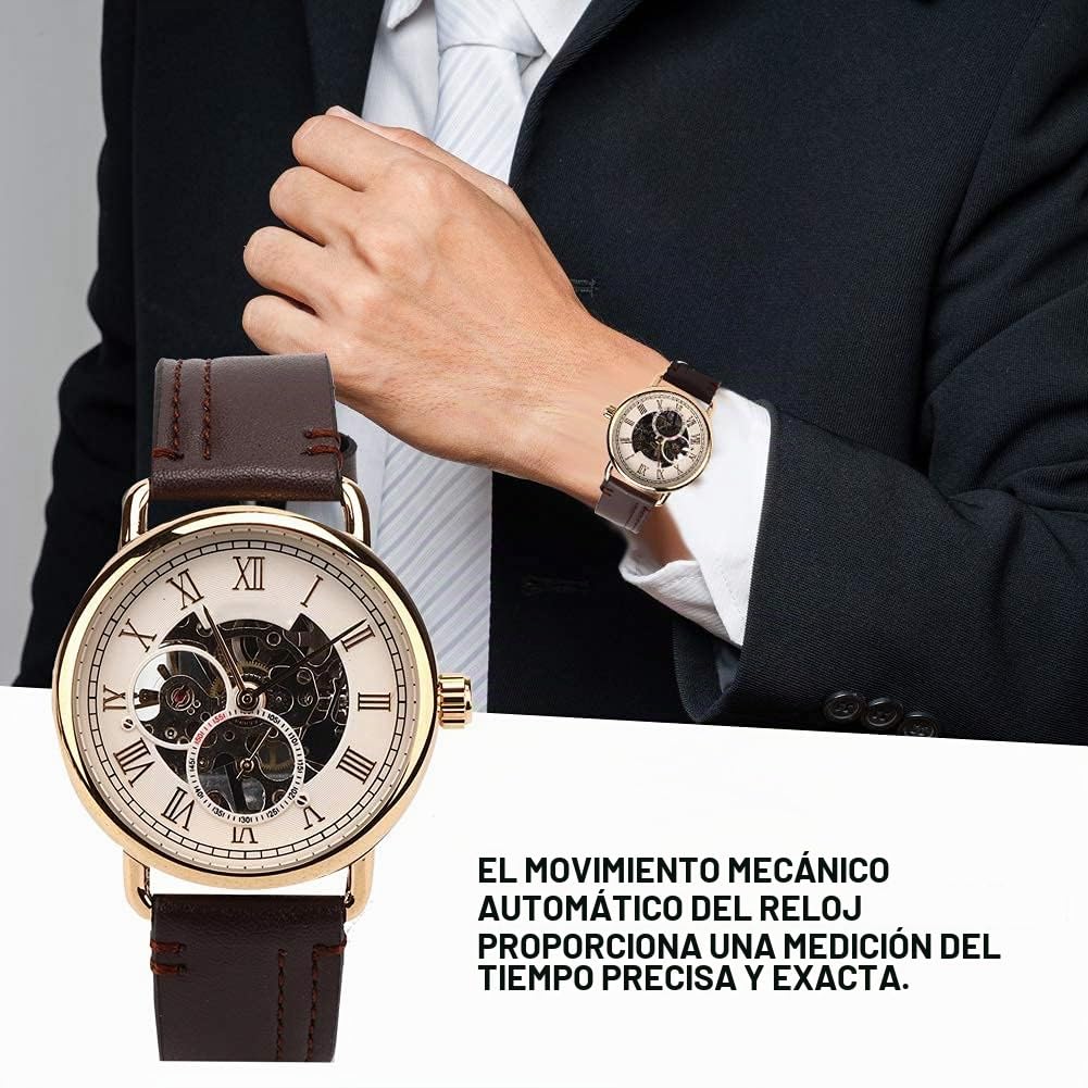 Reloj de pulsera mecánico semi automático, 46mm | Estilo moderno, diseño esqueleto, correa de cuero PU, resistente al agua, adecuado para uso diario, fiestas, regalos.