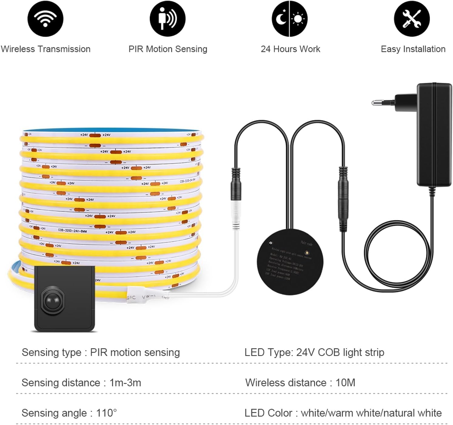 AIMENGTE COB Led Streifen, mit 2 Bewegungsmelder, 5M Warmweiß LED Strip, Hochhelliges Flexibles Bandlicht Für Schrank, Küche, Wohnzimmer, Schlafzimmer, Treppe