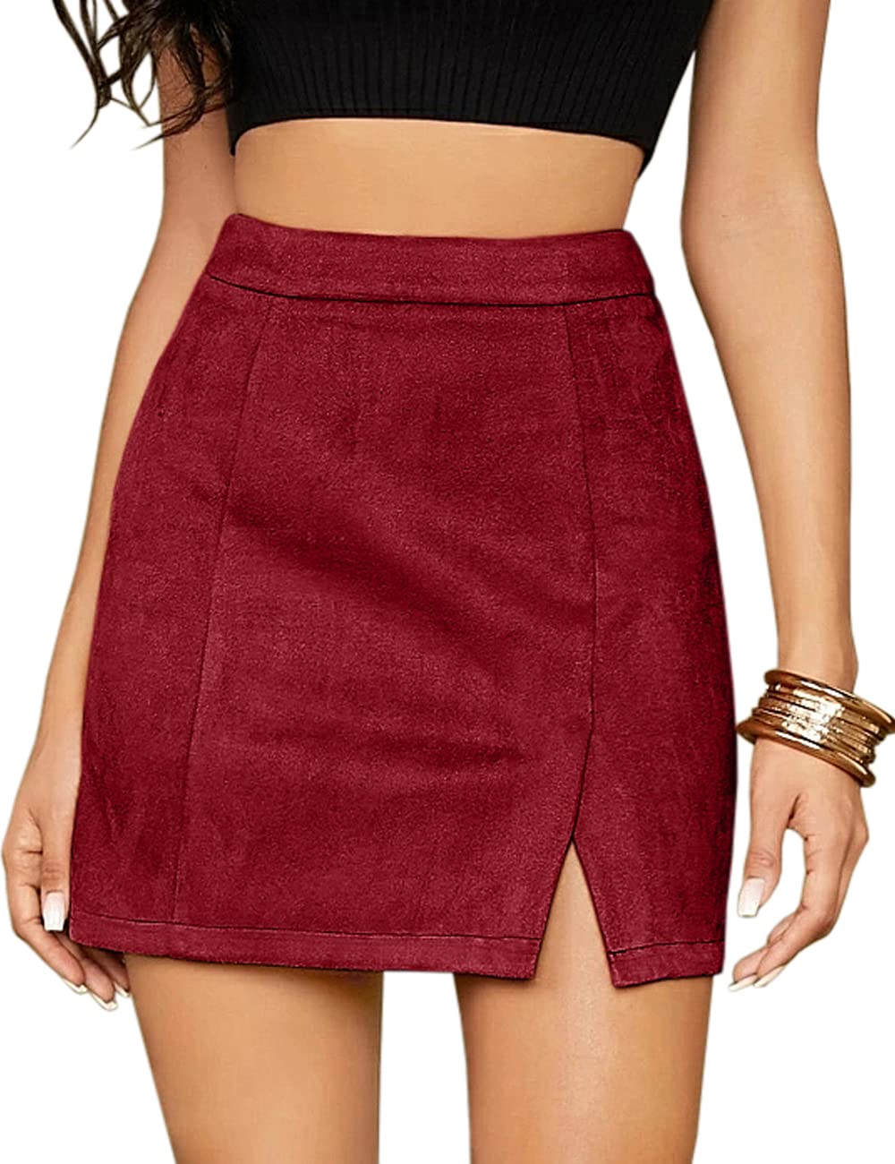 Mulisky Skirts for Women, Faux Suede High Waist Side Split Zipper Mini Skirts