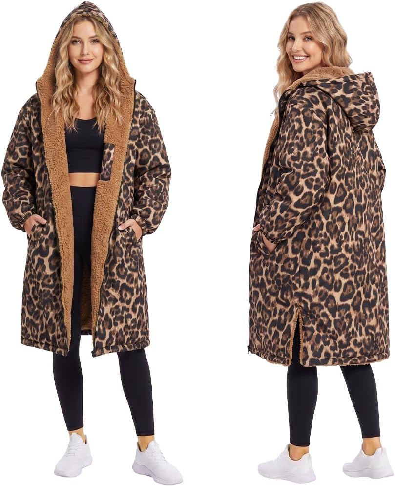 Changing Towel, Microfibre Surf Poncho, Women and Men, Changing Towel, Changing Towel, Beach Poncho, Surf Towel with Hood, Leopard Print, S-M