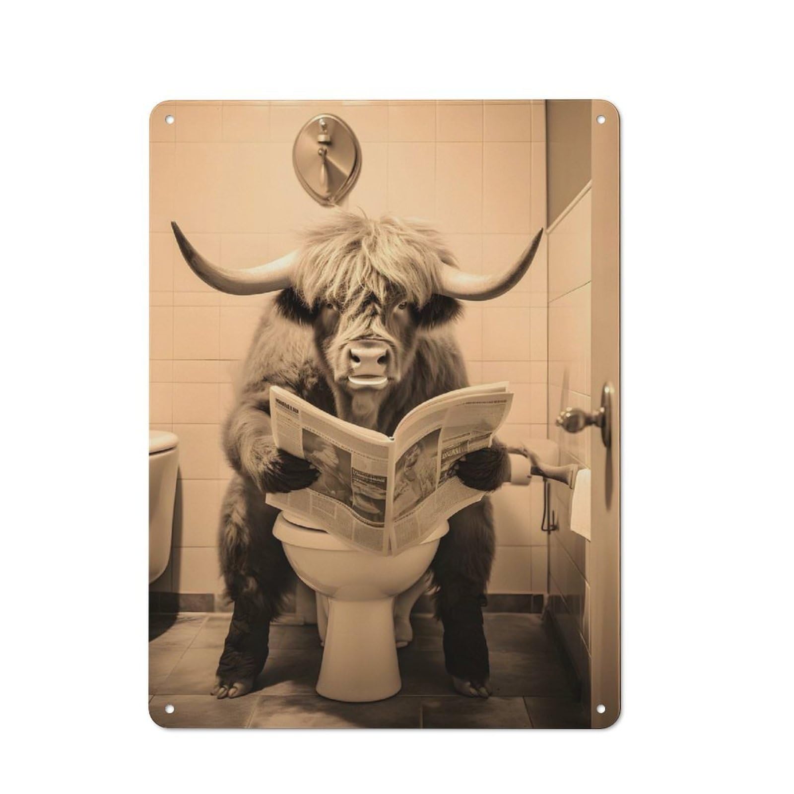 Highland Cow on The Toilet Country Vintage Metal Wall Decor 40x30cm, Farmhouse Metal Sign for Kitchen, Cottage, Porch Or Garden Room