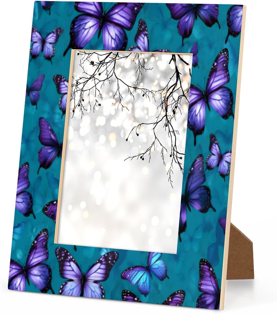 Purple Blue Butterflies 8x10 Picture Frame Wooden Picture Frames for Wall Hanging & Tabletop Decor Display 8x10 or 8x8 Picture Collage Family Weddings Christmas Photo Frame for Gift