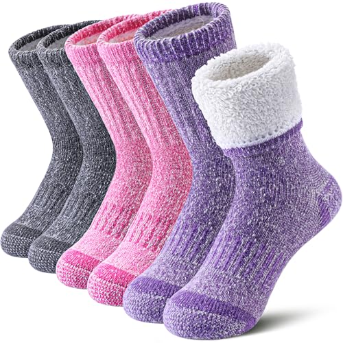 LINEMIN Kids Merino Wool Hiking Socks Boys Girls Winter Warm Thick Thermal Boot Thick Cushion Snowboarding Socks 3 Pairs (8-12 Years, purple/Pink/Gray)
