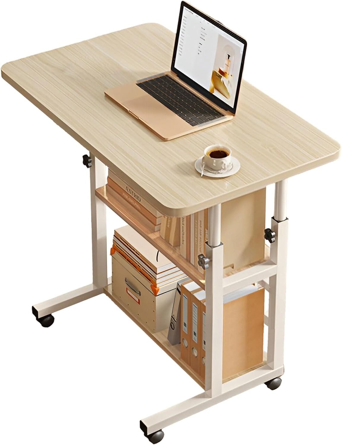 AIZYR Portable Desk Bedside Laptop Table with Wheels and Storage Shelves, Height Adjustable Computer Rolling Desk Student Desk for Home Office,White,60 * 40 * 60 cm