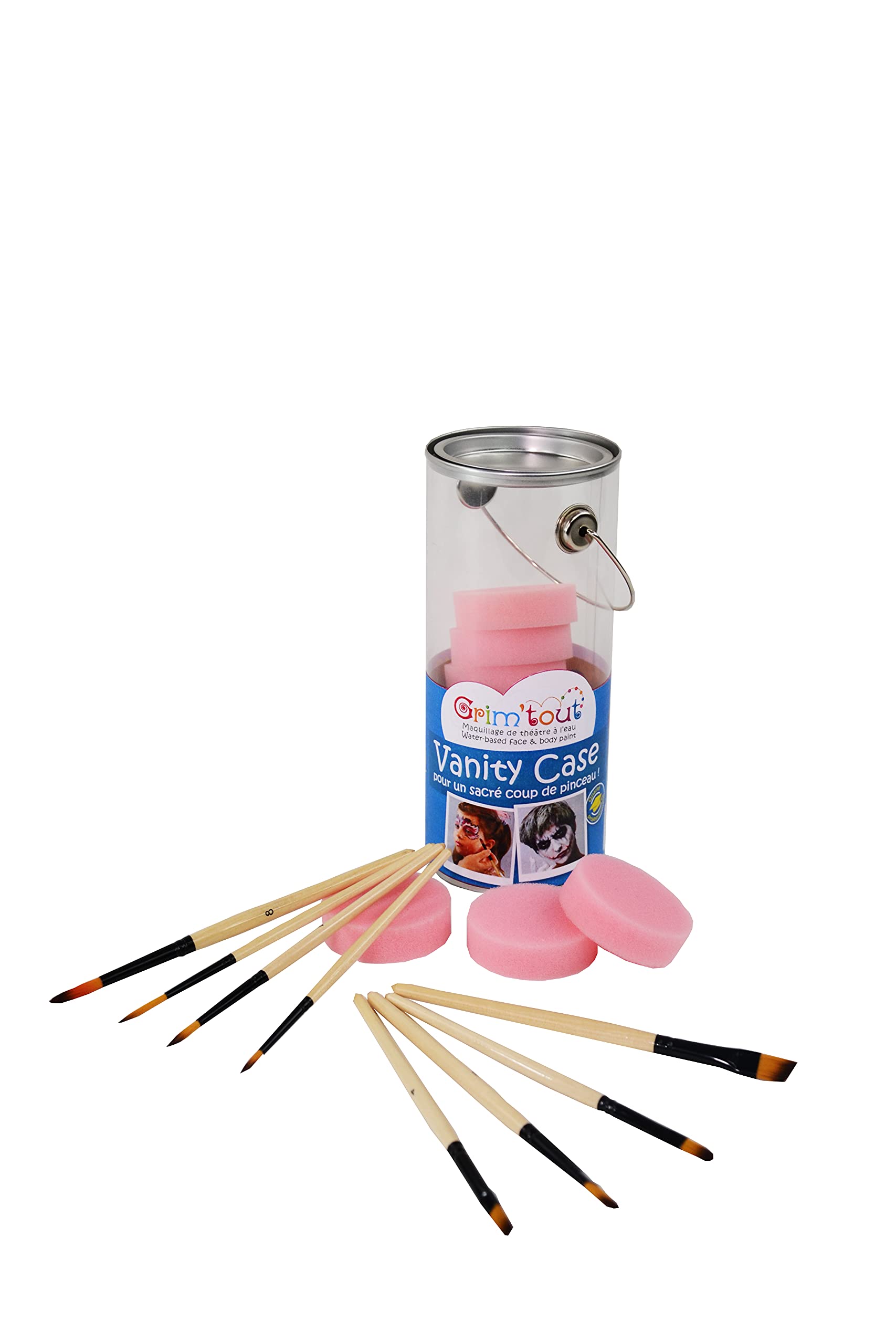 GRIM'TOUT Kit Maquillage Enfant Vanity Case - 8 Éponges, 8 Pinceaux - Accessoires Grimage, Anniversaire, Carnaval et Fête - Peinture Visage Eau - Nettoyage Savon Facile, Déguisement