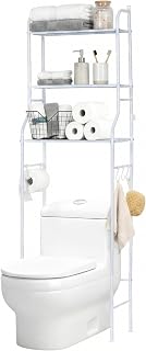 NK Estantería de Baño sobre Inodoro – 153x47x26 cm, 3 Baldas Superiores, 3 Ganchos, Portarrollos, Patas Antideslizantes, Estructura de Hierro y PP, Color Blanco, Montaje Fácil