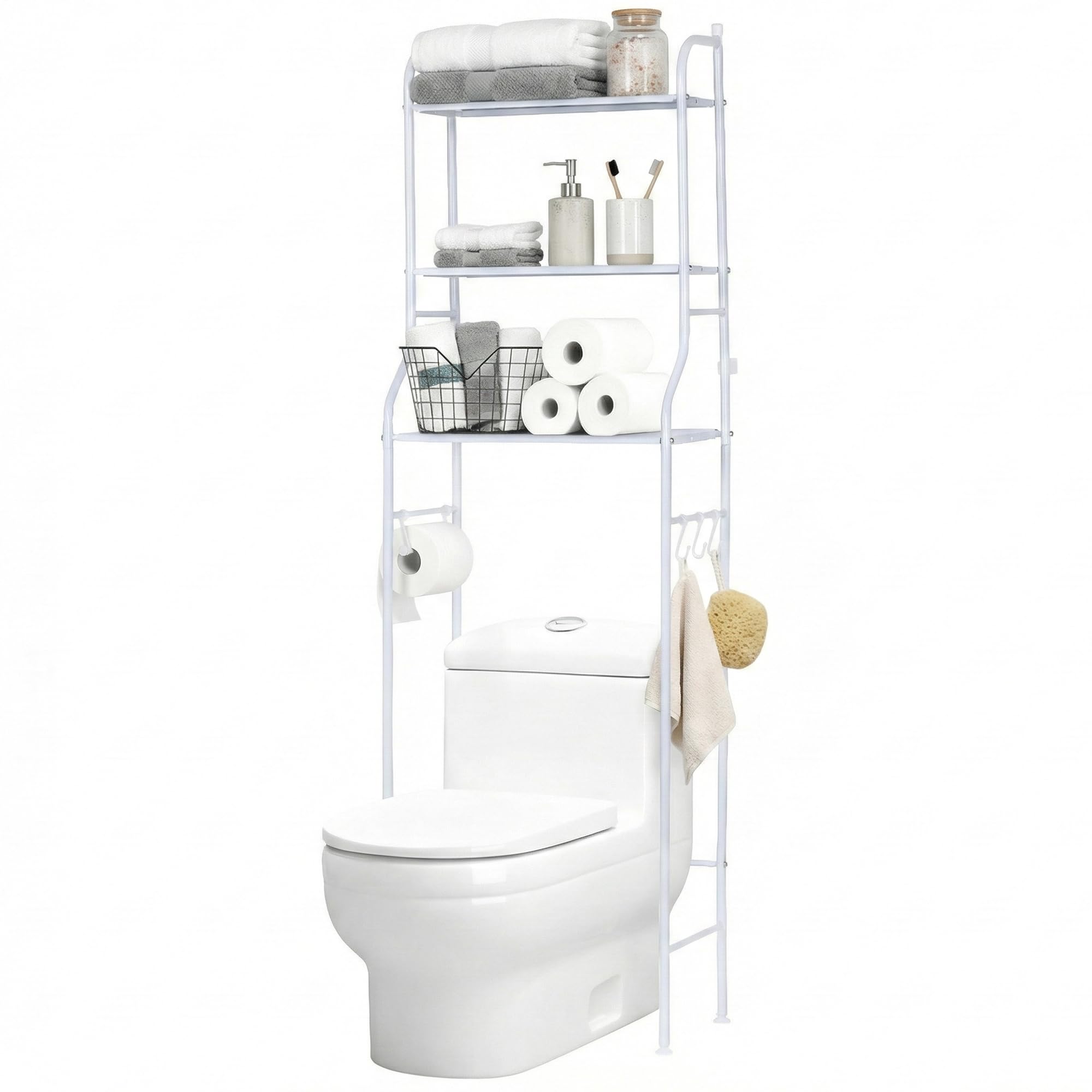 NK Étagère De Salle De Bains Au-Dessus des Toilettes – 153×47×26 Cm, 3 Étagères Hautes, Porte-Rouleau, 3 Crochets, Pieds Antidérapants, Fer + PP, Blanc, Montage Facile