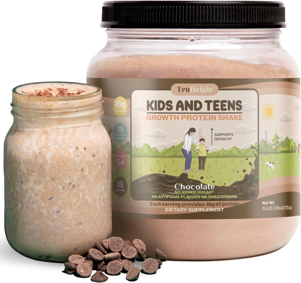 TruHeightGrowth Protein Shake Ages 3+ (Chocolate) - Clinically Proven Nutrients, Vitamins, & Minerals Developed by Pediatricians - Immune Support for Kids, NonGMO, Gluten-Free, Protein Powder Snacks