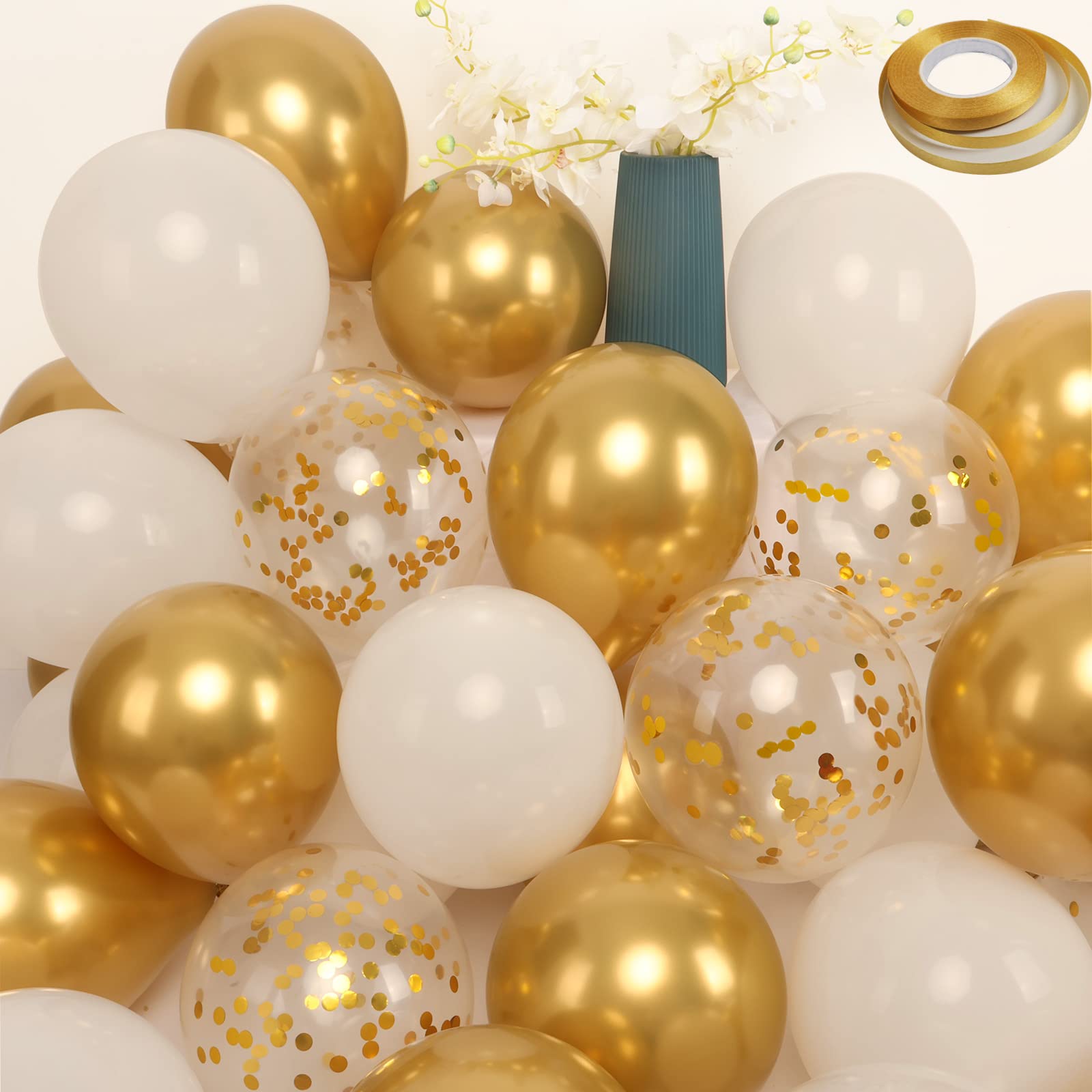 Gold Balloons Party Decorations, 50 Pcs 12 In Balloons for Birthday Decorations, Happy Birthday Balloons with Gold Balloons and White Balloons