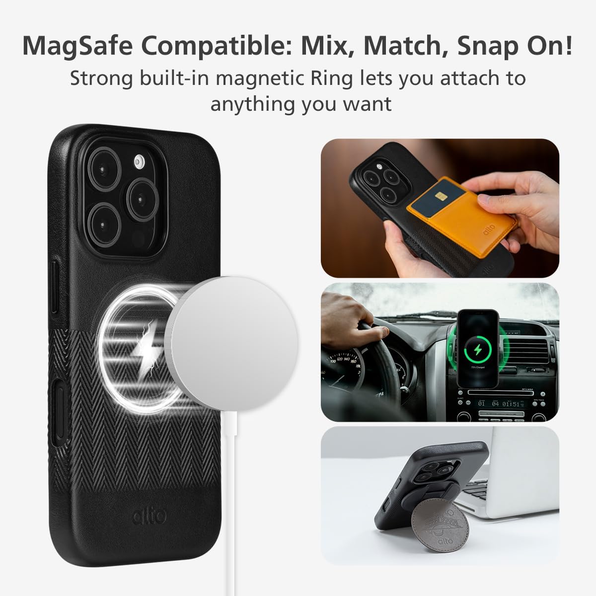 alto Compatible with iPhone 16 Pro 2024 and MagSafe, Magnetic Embossed Italian Leather Case, Herring Series Drop Protective Phone Case (iPhone 16 Pro, 6.3 inch, Embossed Raven Black)