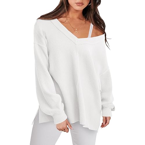 ANRABESS Women Long Sleeve Shirt V Neck Off Shoulder Oversized Knit Pullover Sweatshirt Loose High Low Fall Tunic Tops