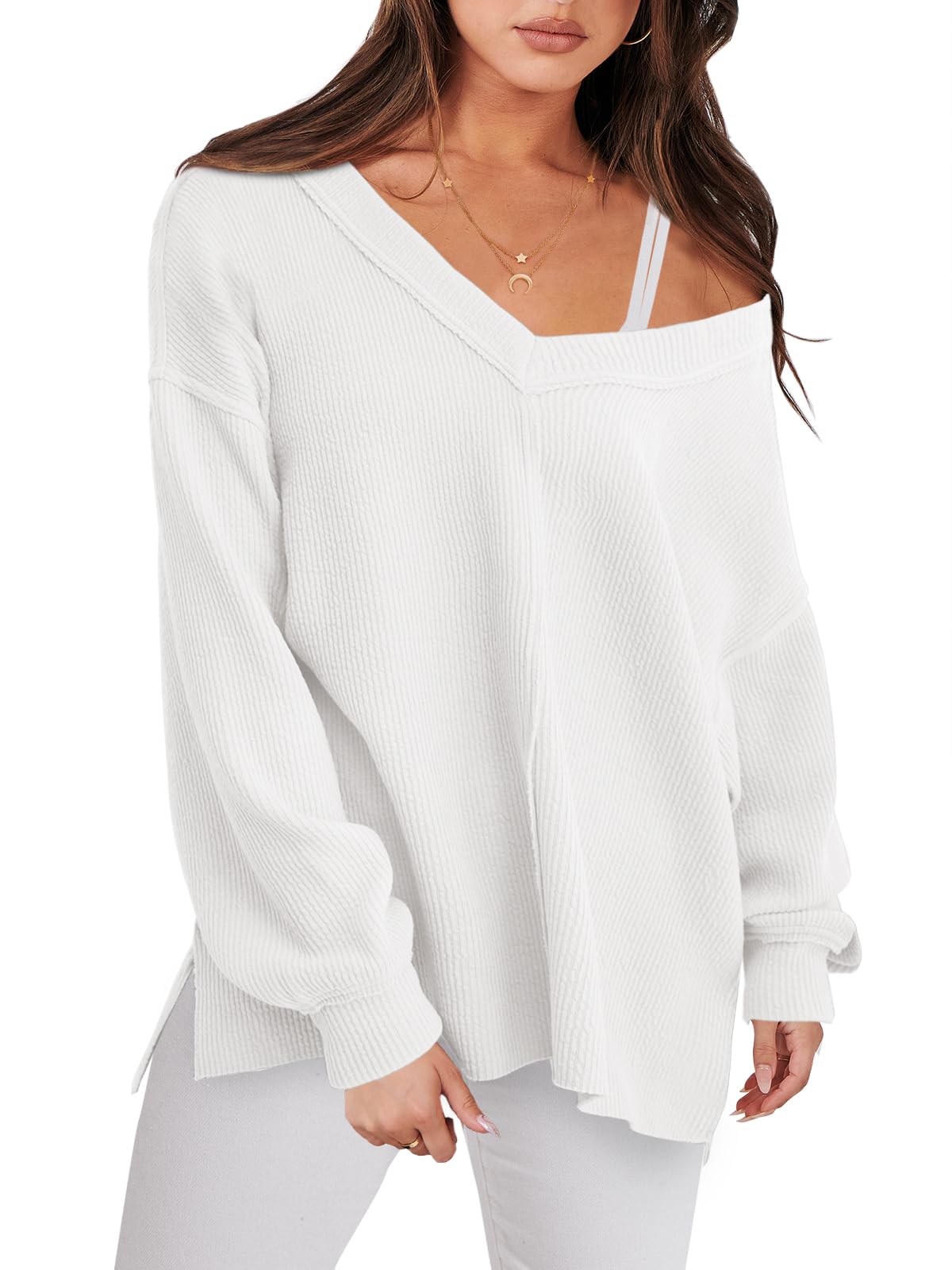 ANRABESS Oversized Long Sleeve Shirts for Women Off the Shoulder Sweatshirt Loose V Neck Tunic Tops High Low Sweater 2026