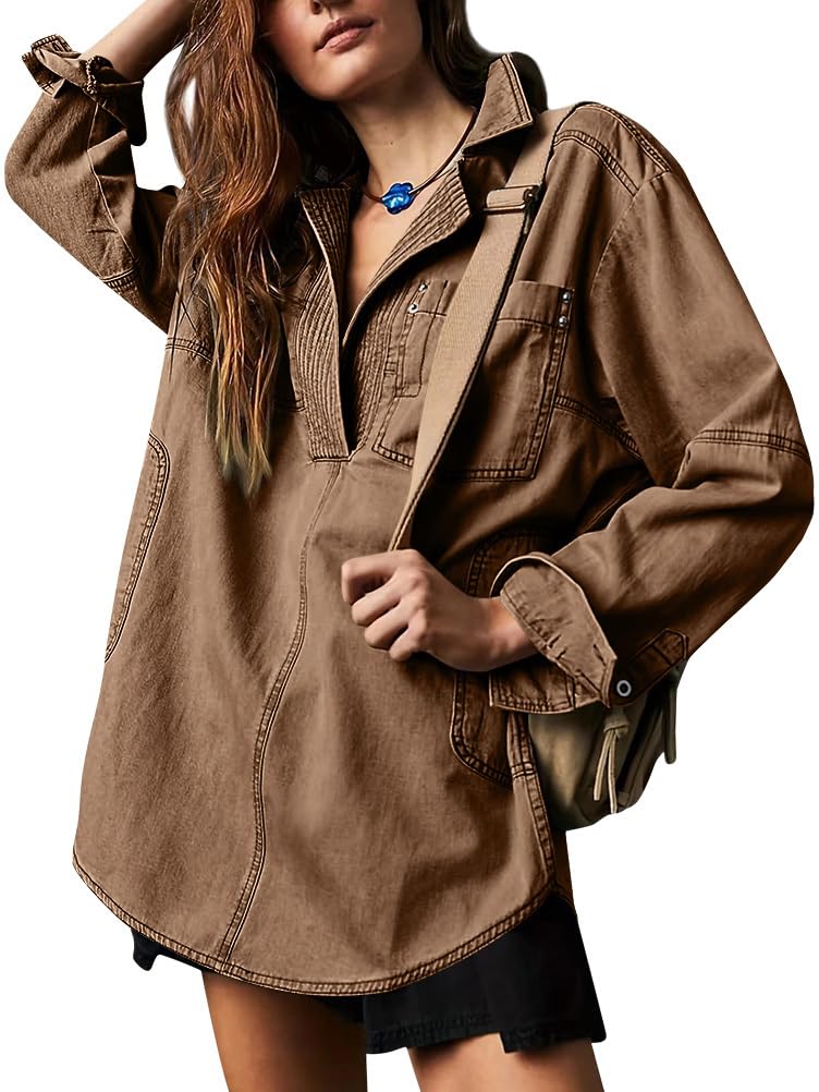 Maglietta Jeans da Donna con Scollo a V Tops a Maniche Lunghe in Denim alla Moda Vintage Casual Camicia in Cowboy con Tasche Business Office Streetwear