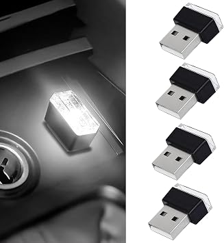 4 PCS USB LED Car Interior Atmosphere Lamp, Portable Mini Auto LED Decor Night Light, Plug-in USB Interface Ambient Lighting Kit, Universal Car Interior AccessoriesWhite