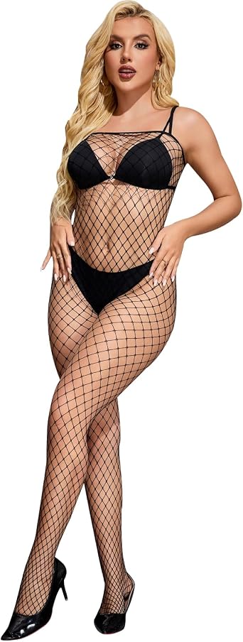FRENZCOY Women Lingerie Sexy Fishnet Bodysuit,Mesh Lace Body Stockings for Women,One Size Long Sleeve Lace Bodysuit