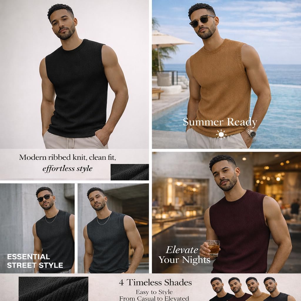 Mens Knit Sleeveless Tank Top Vest Stretchy Soft Breathable Fabric Slim Fit Pullover Lightweight Summer Muscle Tee