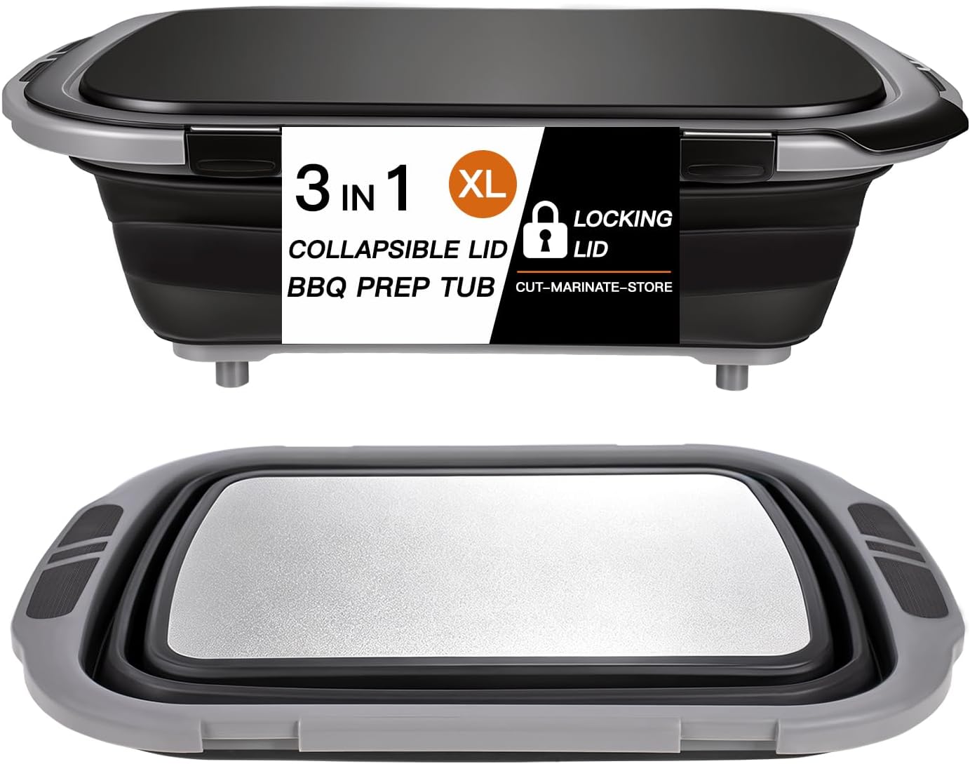 XL Collapsible BBQ Prep Tub,with Built-In Stainless Steel Cutting Board for Grilling and Outdoor Cooking,with Locking Lid - for Meal Prep Marinating Food Storage,Large Food-Safe Container,Gift for Men