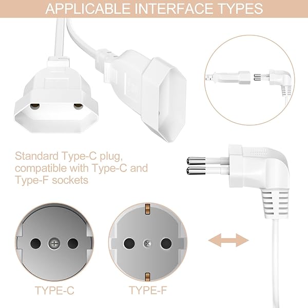 Rallonge Plate 2 en 1, Câble D'Extension Euro, Rallonge Prise Plate, Rallonge Fiche Plate pour TV Ordinateur Moniteur Beamer Lampe Appareils Ménagers (Blanc) - 3