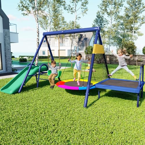 Juego De Columpio 4 En 1 para NiñOs,Columpio JardíN Exterior con Estructura De Metal,Columpio Infantil con Escalera,TrampolíN,ParaíSo Infantil Al Aire Libre. ﻿