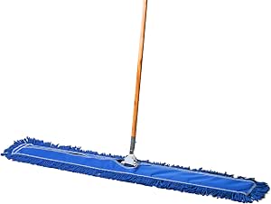 Commercial Floor Sweeper, 48 in. Reusable Mop Head, Wooden Handle, Industrial Dry Mop for Hardwood Floors, Blue