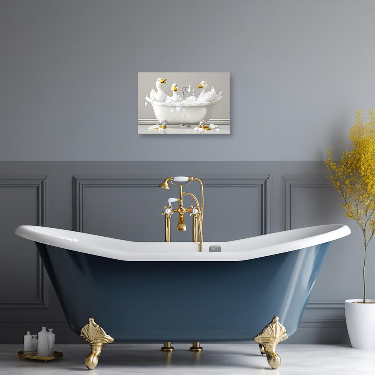 PBXBJY Bathroom Animal Wall Art Funny Animal Canvas Prints White Duck in the Bathtub Pictures Whimsical Painting Poster Restroom Toilet Decor Frame (12.00" x 18.00")
