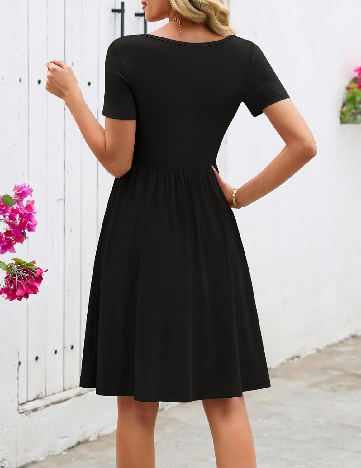 MEROKEETY Women's Asymmetrical V Neck Sundress 2026 Spring Summer Short Sleeve Ruched Casual A Line Mini Dresses Pockets - Image 4