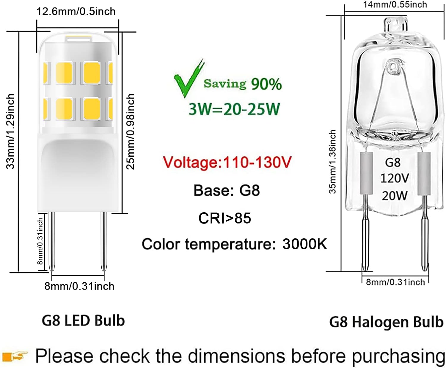 G8 Led Bulb Dimmable, 3W T4 Led Bulb, 20-25W Halogen Equivalent, Warm White 3000K, 120V Puck Light Bulbs for Under Cabinet Light, Under Counter Kitchen Lighting, 6-Pack
