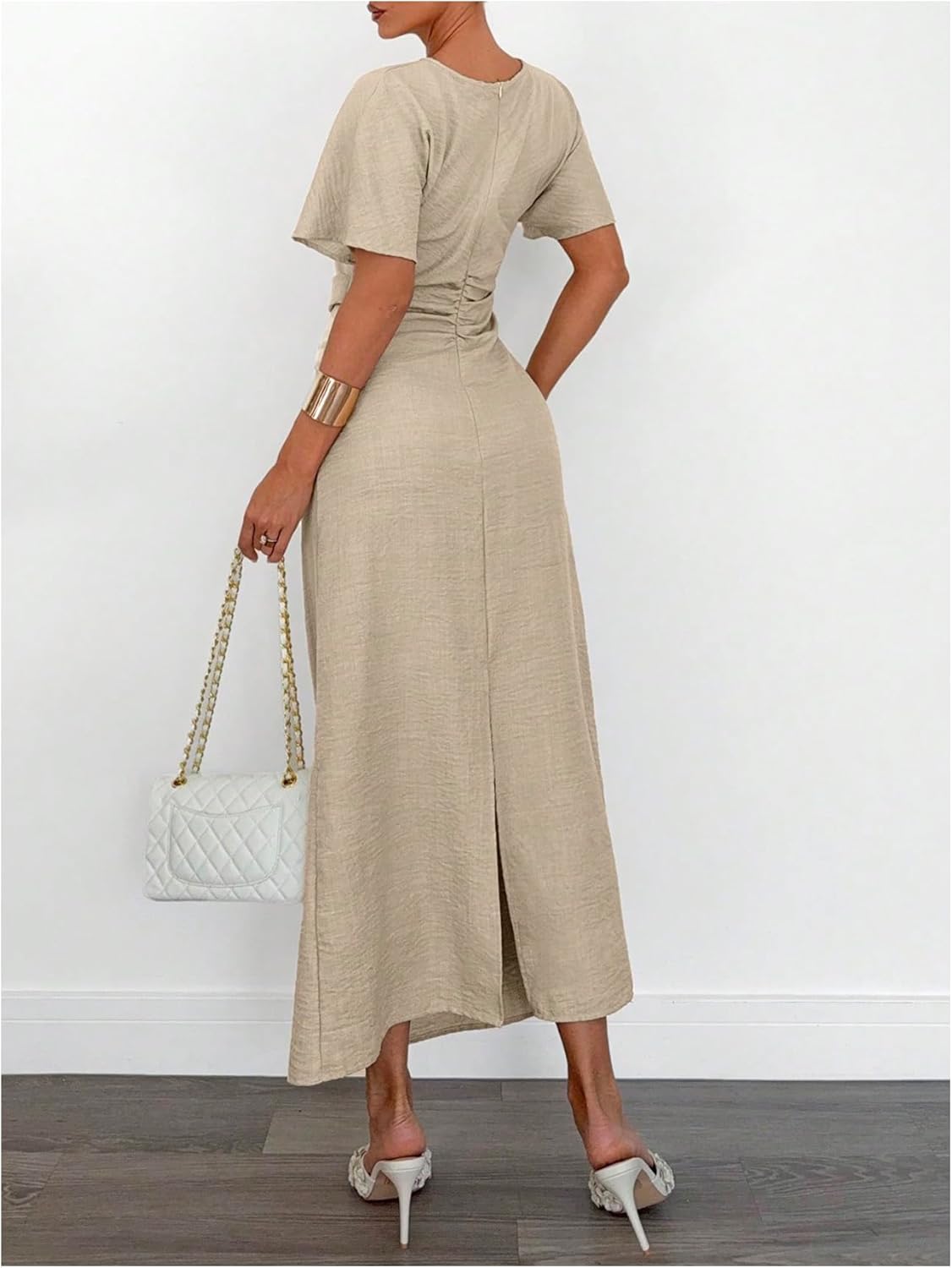 OYOANGLE Women's Textured Short Sleeve Cinched Waist Slit Hem Long Dress Elegant Office Formal Dresses - Image 2