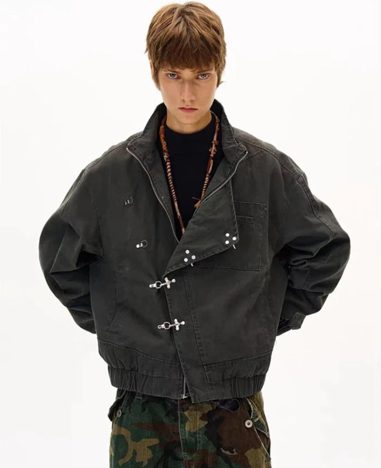 Aelfric Eden Mens Jackets Metal Button Boxy Jacket Vintage Casual Collared Streetwear Slant Placket Soft Warm Coats - Image 2