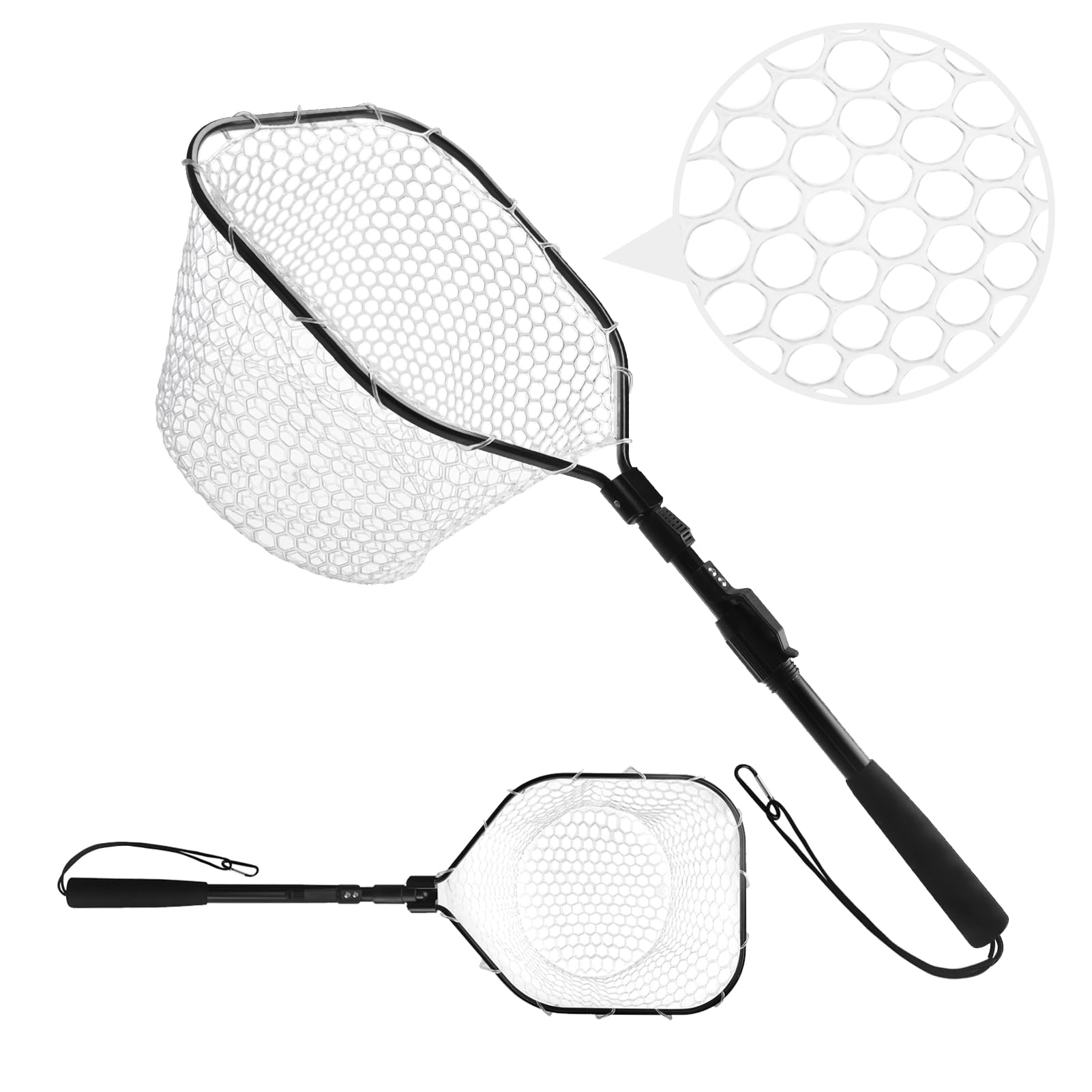 Yeahmart Fly Fishing Net, Telescoping Folding Bass Trout Fishing Landing Net Freshwater with Soft Rubber Mesh, Safe Fish Catching or Releasing